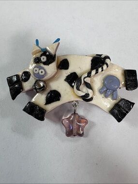 Whimsical Cow Brooch with Star Charm - Cream & Black